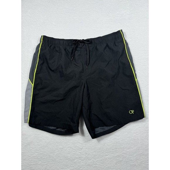 Op Ocean Pacific Swim Trunks Mens XL 40-42 Black Gray Lime Mesh Lined Shorts - Picture 1 of 9